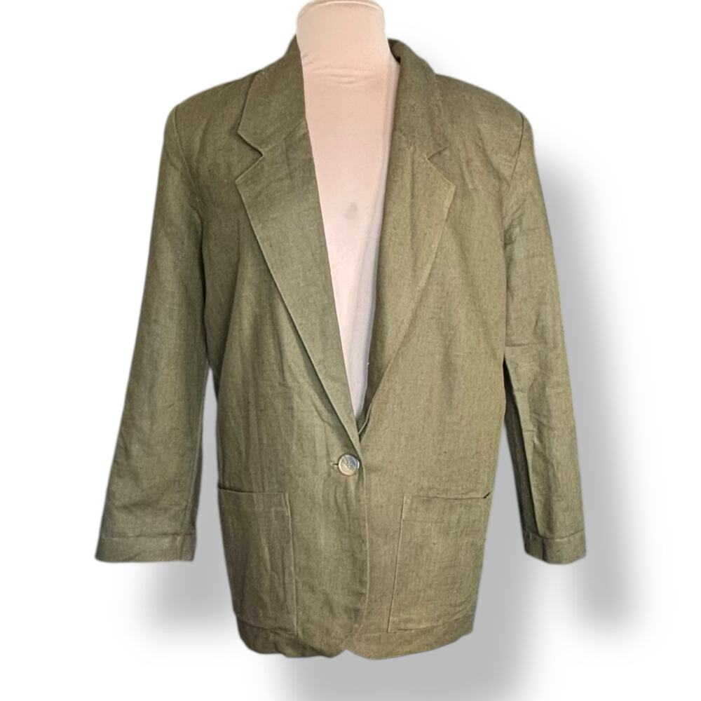 Vintage 90s Linen Cotton Blazer Jacket Size 12 Neutral Olive Brown Minimalist